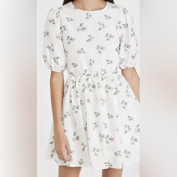 Sister Jane White Floral Embroidered Backless Baby Doll Mini Puff Sleeve Dress - Picture 15 of 17